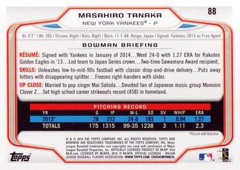 2014 Bowman #88 Masahiro Tanaka Back