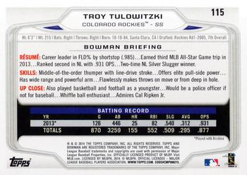 2014 Bowman #115 Troy Tulowitzki Back