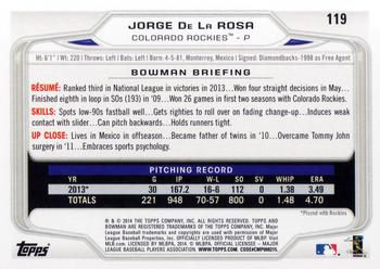 2014 Bowman #119 Jorge De La Rosa Back