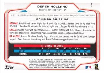 2014 Bowman #3 Derek Holland Back
