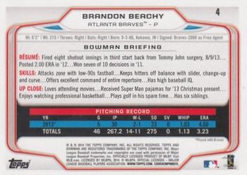 2014 Bowman #4 Brandon Beachy Back