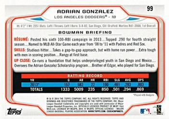 2014 Bowman #99 Adrian Gonzalez Back