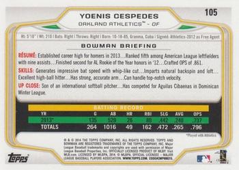 2014 Bowman #105 Yoenis Cespedes Back