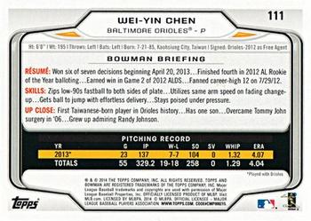 2014 Bowman #111 Wei-Yin Chen Back