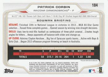 2014 Bowman #184 Patrick Corbin Back