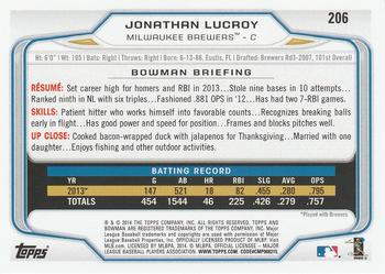 2014 Bowman #206 Jonathan Lucroy Back