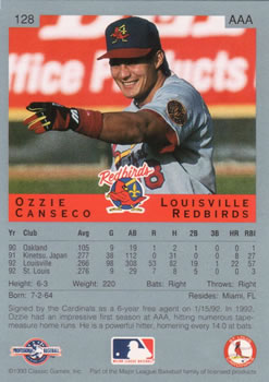 1993 Classic Best #128 Ozzie Canseco Back