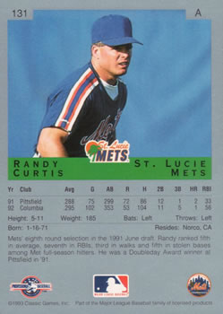 1993 Classic Best #131 Randy Curtis Back