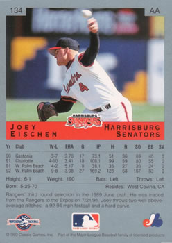 1993 Classic Best #134 Joey Eischen Back
