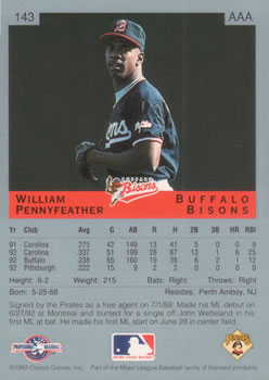 1993 Classic Best #143 William Pennyfeather Back