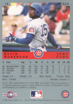 1993 Classic Best #14 Kevin Roberson Back