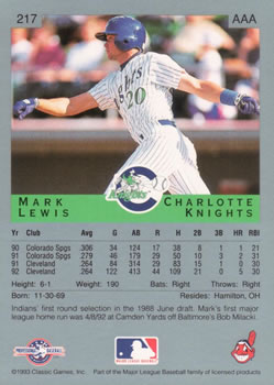 1993 Classic Best #217 Mark Lewis Back