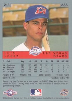 1993 Classic Best #218 Luis Lopez Back