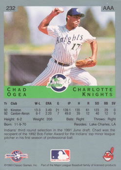 1993 Classic Best #232 Chad Ogea Back