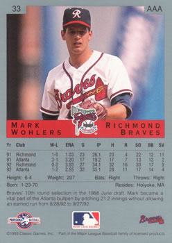 1993 Classic Best #33 Mark Wohlers Back