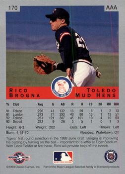 1993 Classic Best #170 Rico Brogna Back