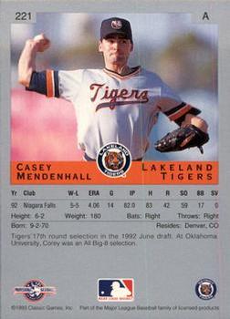 1993 Classic Best #221 Casey Mendenhall Back