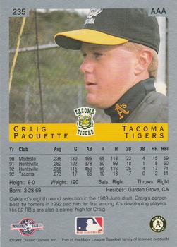 1993 Classic Best #235 Craig Paquette Back