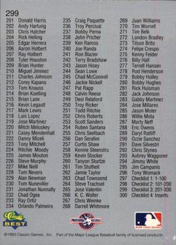 1993 Classic Best #299 Checklist: 201-300 Back