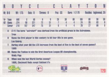 1993 Classic #T20 Royce Clayton Back