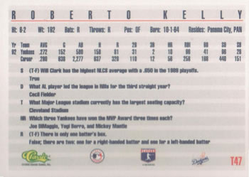 1993 Classic #T47 Roberto Kelly Back