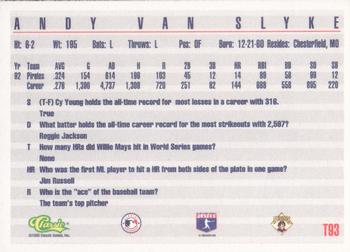1993 Classic #T93 Andy Van Slyke Back