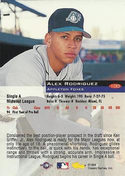 1994 Classic #100 Alex Rodriguez Back