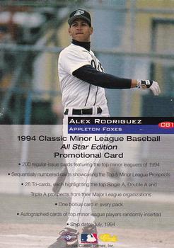 1994 Classic #CB1 Alex Rodriguez Back