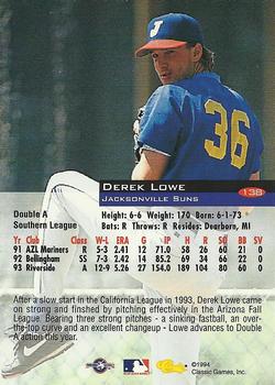 1994 Classic #138 Derek Lowe Back