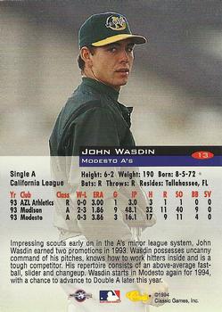 1994 Classic #13 John Wasdin Back