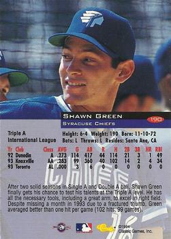 1994 Classic #190 Shawn Green Back