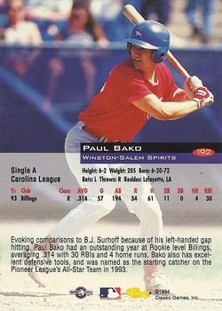 1994 Classic #192 Paul Bako Back