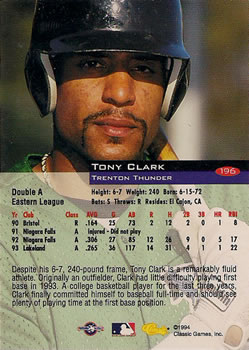 1994 Classic #196 Tony Clark Back
