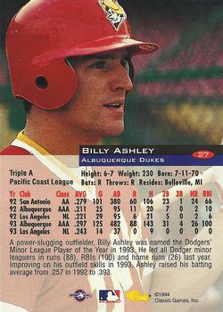 1994 Classic #27 Billy Ashley Back