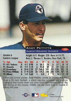 1994 Classic #28 Andy Pettitte Back