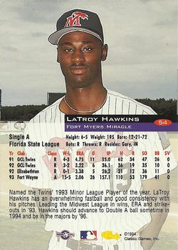 1994 Classic #54 LaTroy Hawkins Back