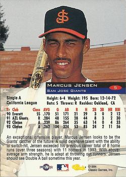 1994 Classic #5 Marcus Jensen Back
