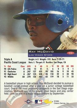 1994 Classic #92 Ray McDavid Back