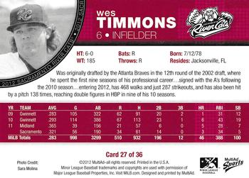 2012 MultiAd Sacramento River Cats #27 Wes Timmons Back