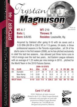 2011 MultiAd Sacramento River Cats #17 Trystan Magnuson Back