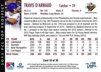2013 Brandt Pacific Coast League Top Prospects #10 Travis d'Arnaud Back