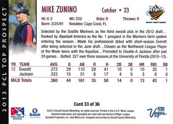 2013 Brandt Pacific Coast League Top Prospects #33 Mike Zunino Back