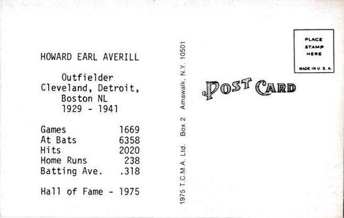 1973-80 TCMA All-Time Greats Postcards #NNO Earl Averill Back