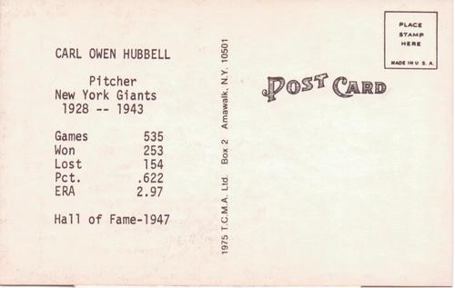 1973-80 TCMA All-Time Greats Postcards #NNO Carl Hubbell Back