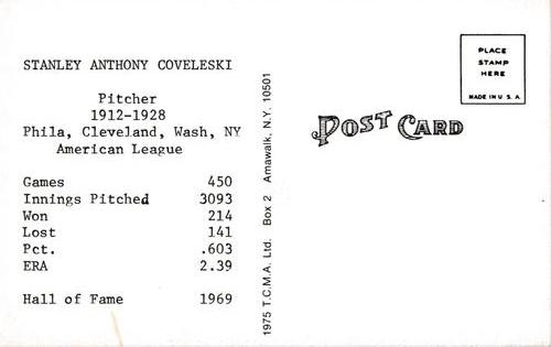 1973-80 TCMA All-Time Greats Postcards #NNO Stan Coveleski Back