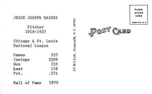 1973-80 TCMA All-Time Greats Postcards #NNO Jesse Haines Back