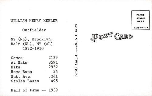 1973-80 TCMA All-Time Greats Postcards #NNO Willie Keeler Back