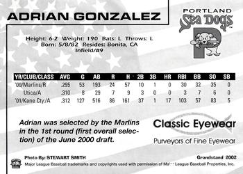 2002 Grandstand Portland Sea Dogs #NNO Adrian Gonzalez Back