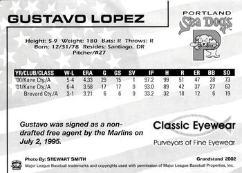 2002 Grandstand Portland Sea Dogs #NNO Gustavo Lopez Back