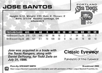 2002 Grandstand Portland Sea Dogs #NNO Jose Santos Back